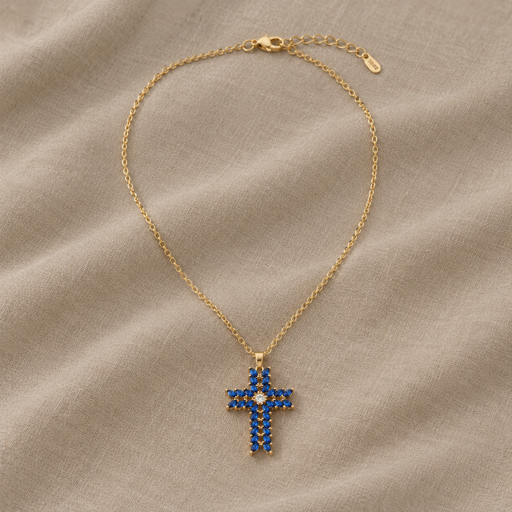 Collana con Pendente a Croce in Zirconi Blu
