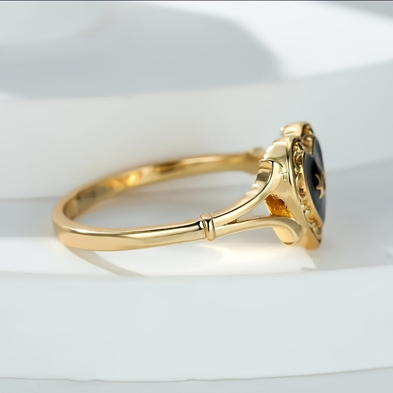Anello Bohemien Sole Dorato e Cuore Nero in Zirconia