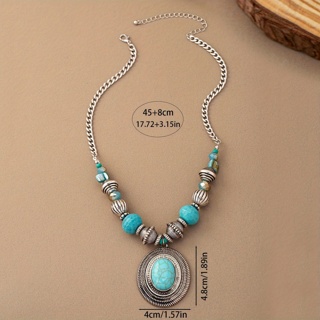 Collana Pendente Ovale in Turchese con Perline