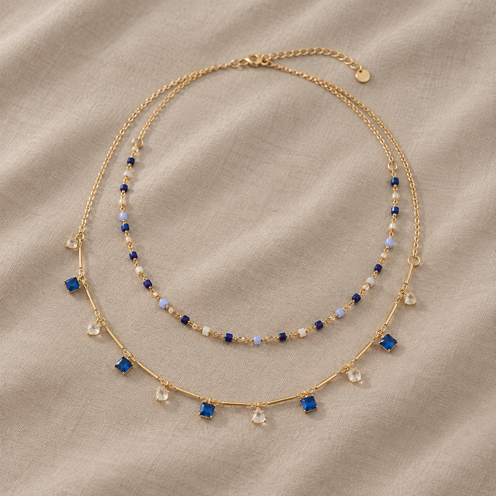 Collana a Due Strati con Perle e Design Geometrico