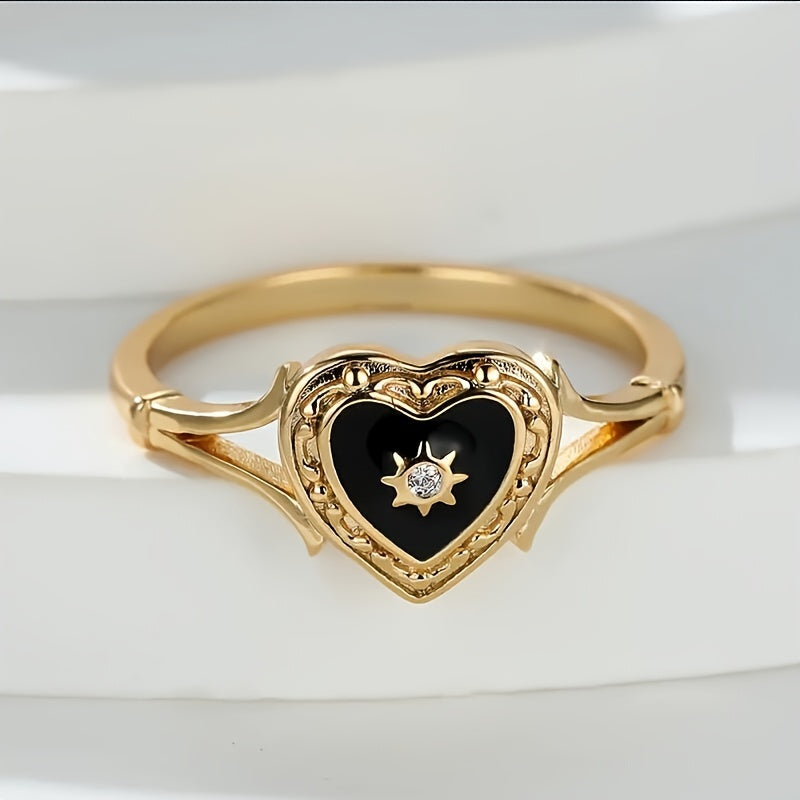 Anello Bohemien Sole Dorato e Cuore Nero in Zirconia