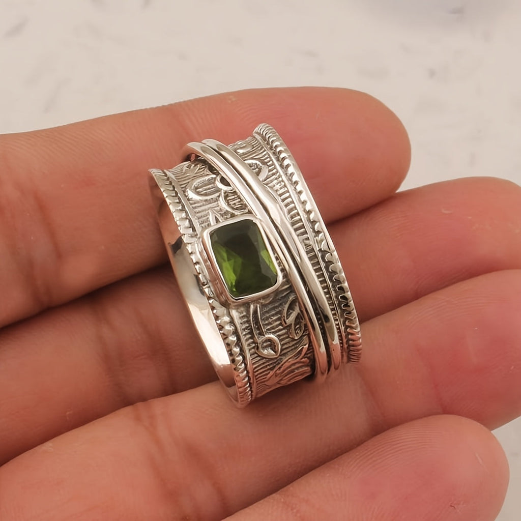 Anello Vintage Bohemien a Banda Larga Placcato Argento con Zirconia