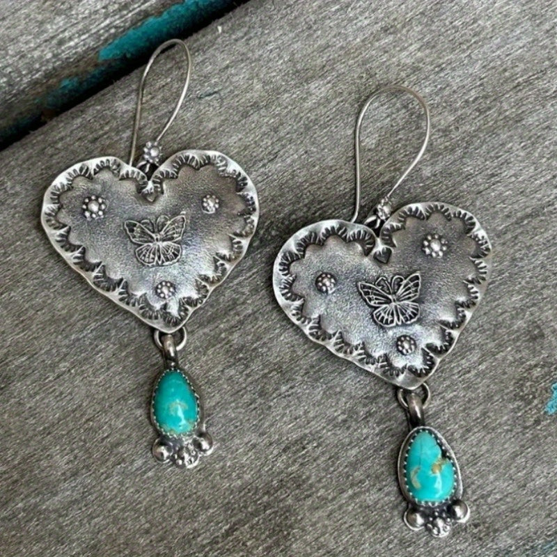 Orecchini a Farfalla a Cuore Turchese Boho in Argento