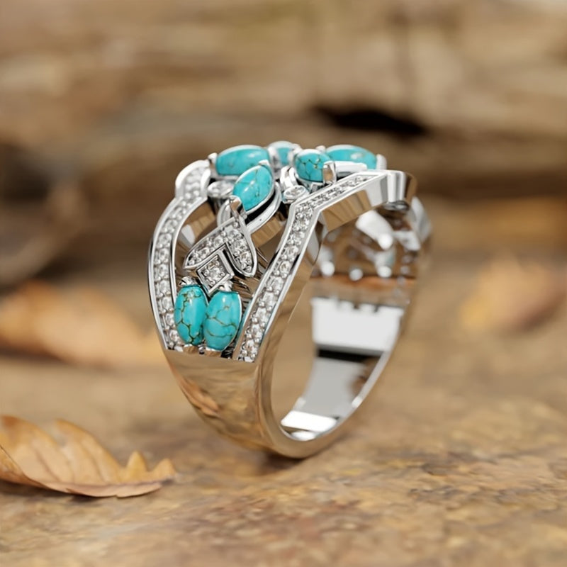 Anello a grappolo floreale vintage bohemien in turchese