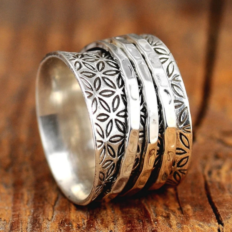 Anello Vintage Boho Floreale Larghezza in Argento Placcato