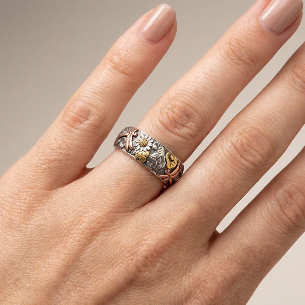 Elara™ - Anello vintage in argento con libellula e girasole
