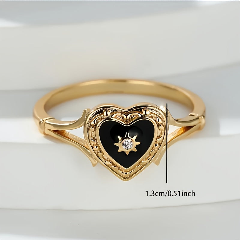 Anello Bohemien Sole Dorato e Cuore Nero in Zirconia
