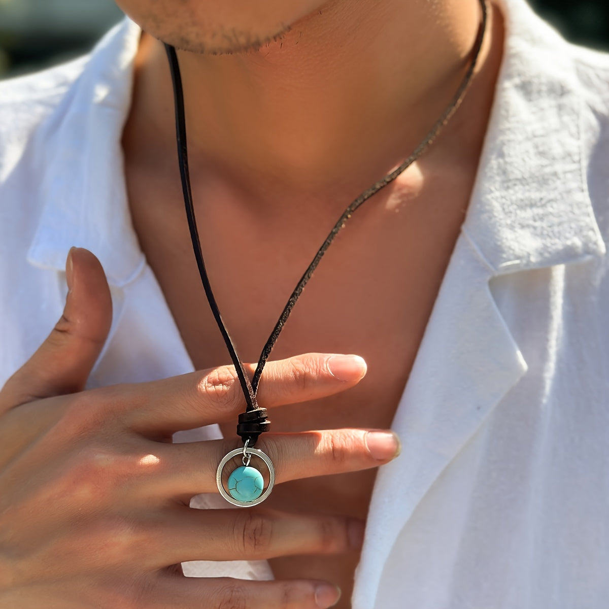 Collana Choker in Pelle con Pendente Turchese Bohemien