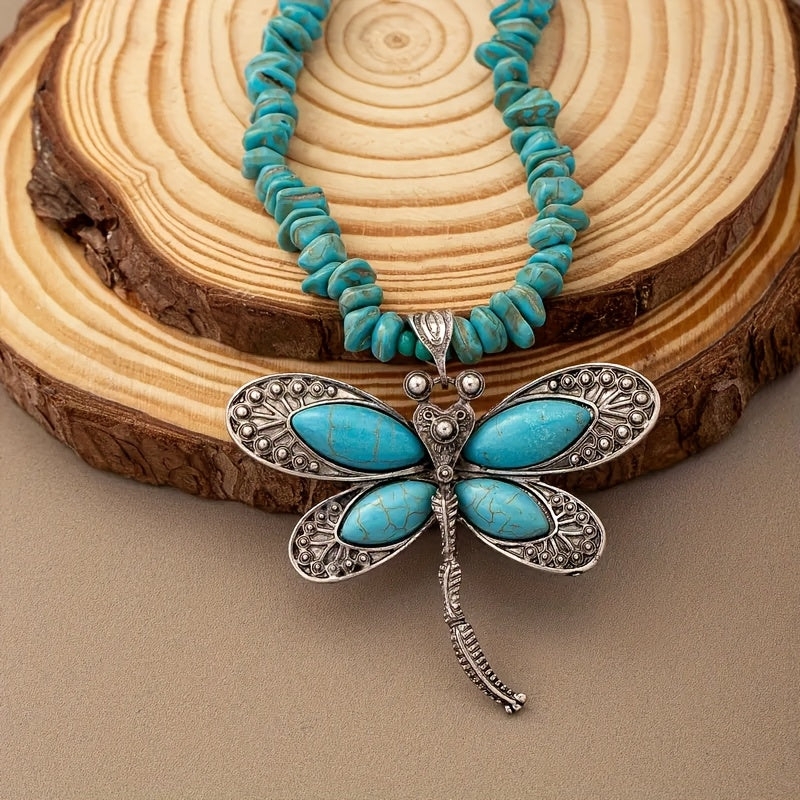 Collana con Pendente a Libellula Vintage Boho in Turchese