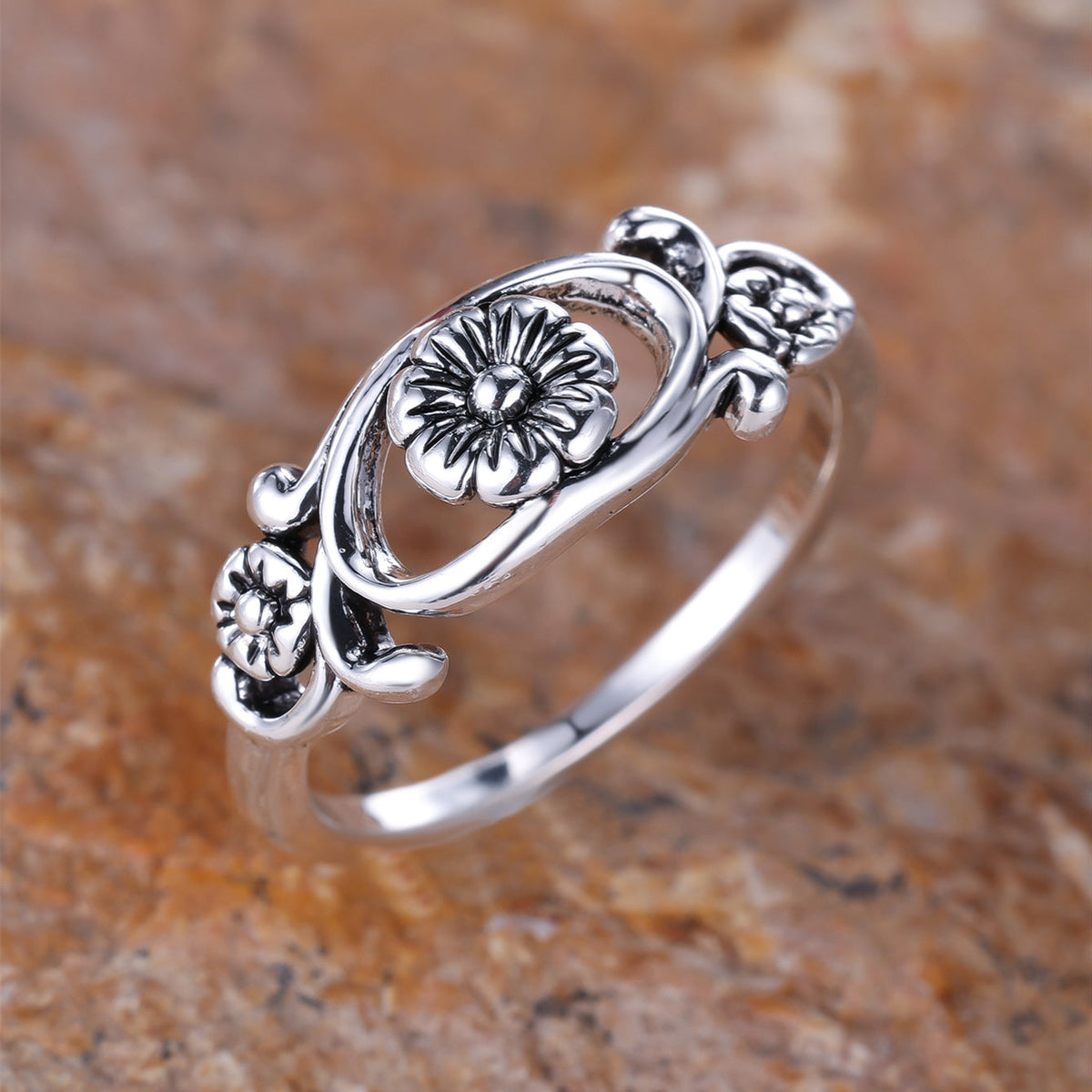 Anello Fiorito Vintage Bohemien Placcato Argento