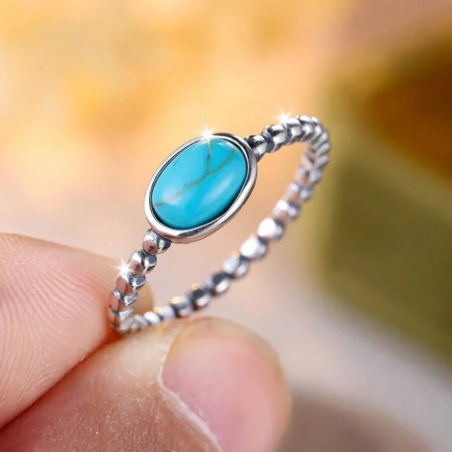 Anello Ellittico in Argento Placcato con Perline Turchesi Bohemien