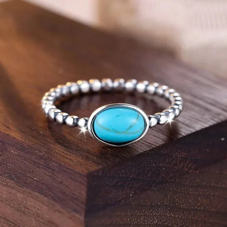 Anello Ellittico in Argento Placcato con Perline Turchesi Bohemien
