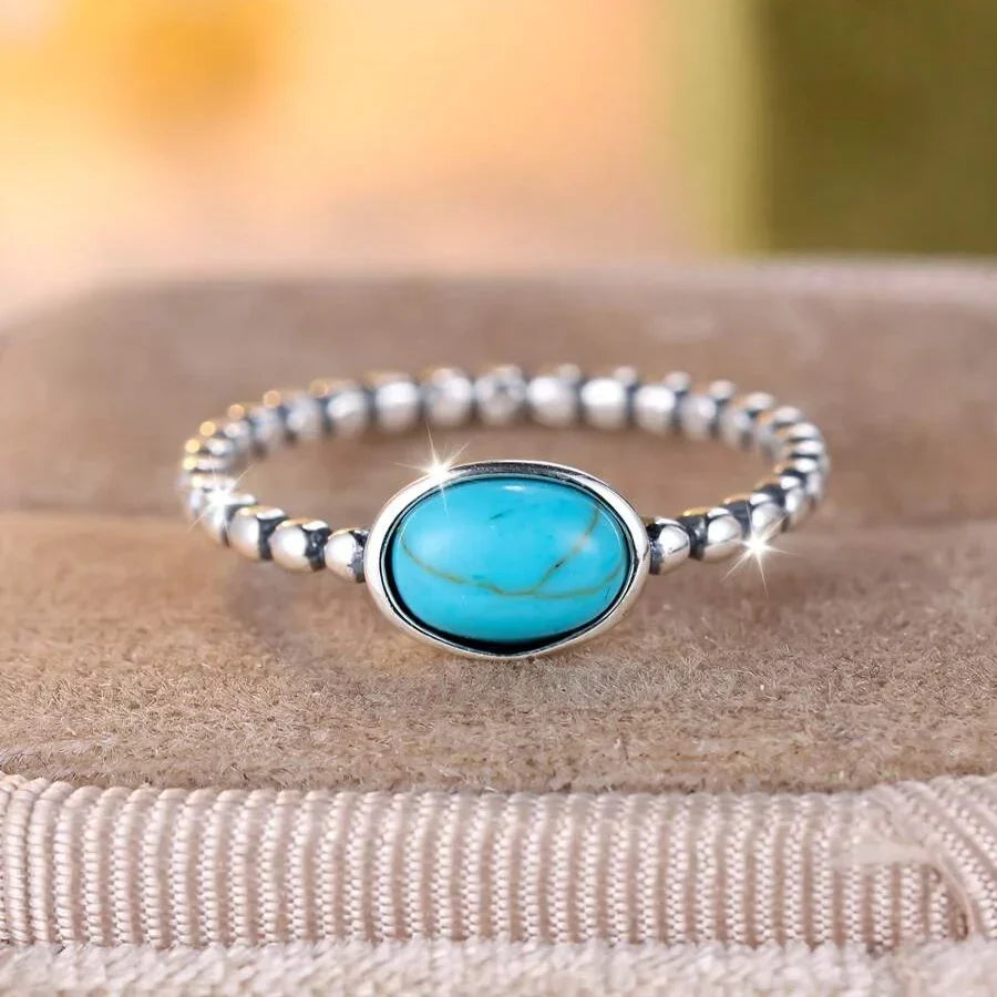 Anello Ellittico in Argento Placcato con Perline Turchesi Bohemien