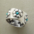 Anello Largo Bohemien in Argento con Fiore e Turchese