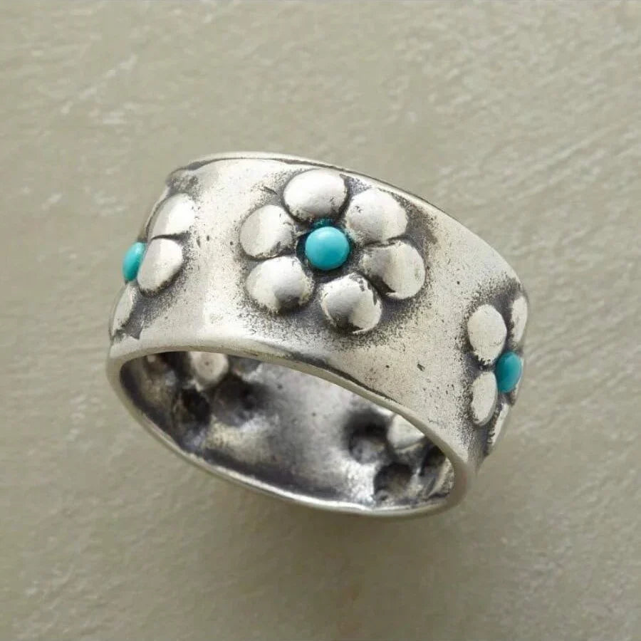 Anello Largo Bohemien in Argento con Fiore e Turchese