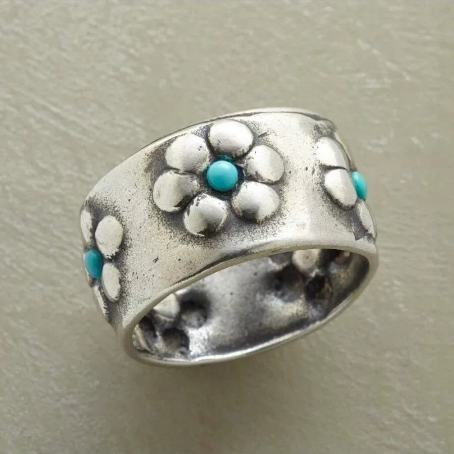 Anello Largo Bohemien in Argento con Fiore e Turchese