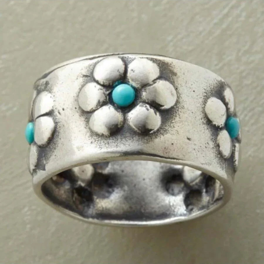 Anello Largo Bohemien in Argento con Fiore e Turchese