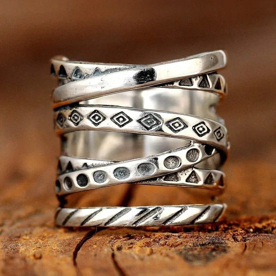 Anello Vintage Bohemien Lungo Placcato Argento