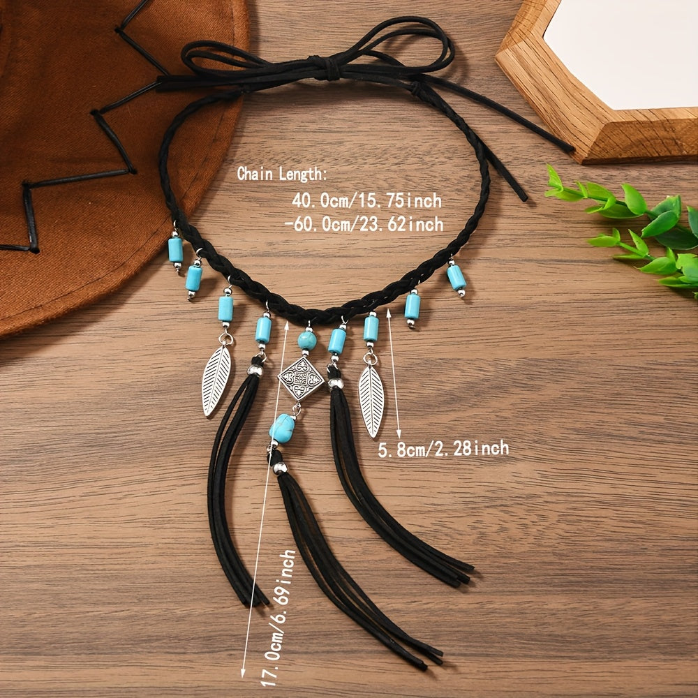 Collana con Pendente a Frangia in Argento e Perline Turchesi Bohemien