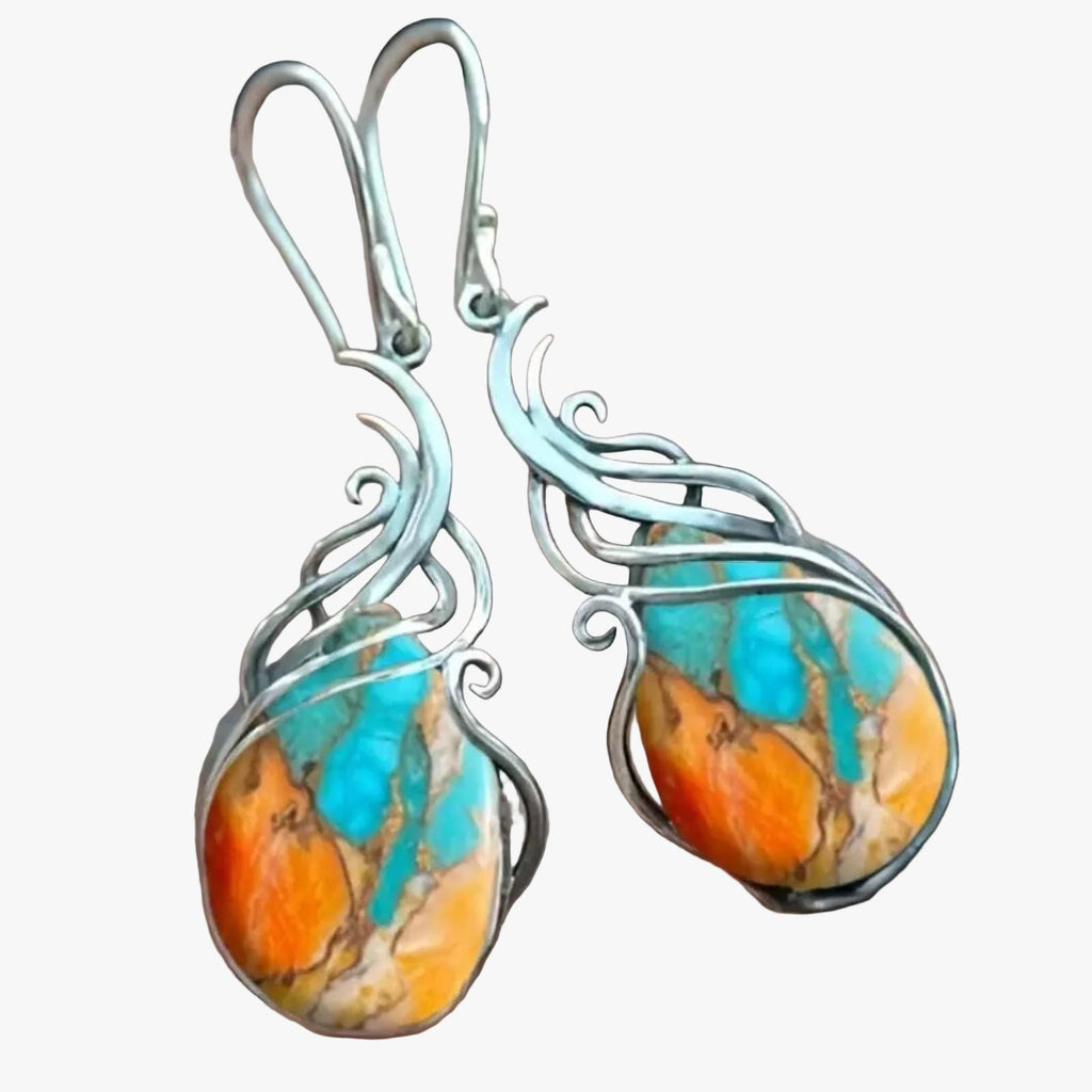 Orecchini pendenti con gemme blu e arancioni