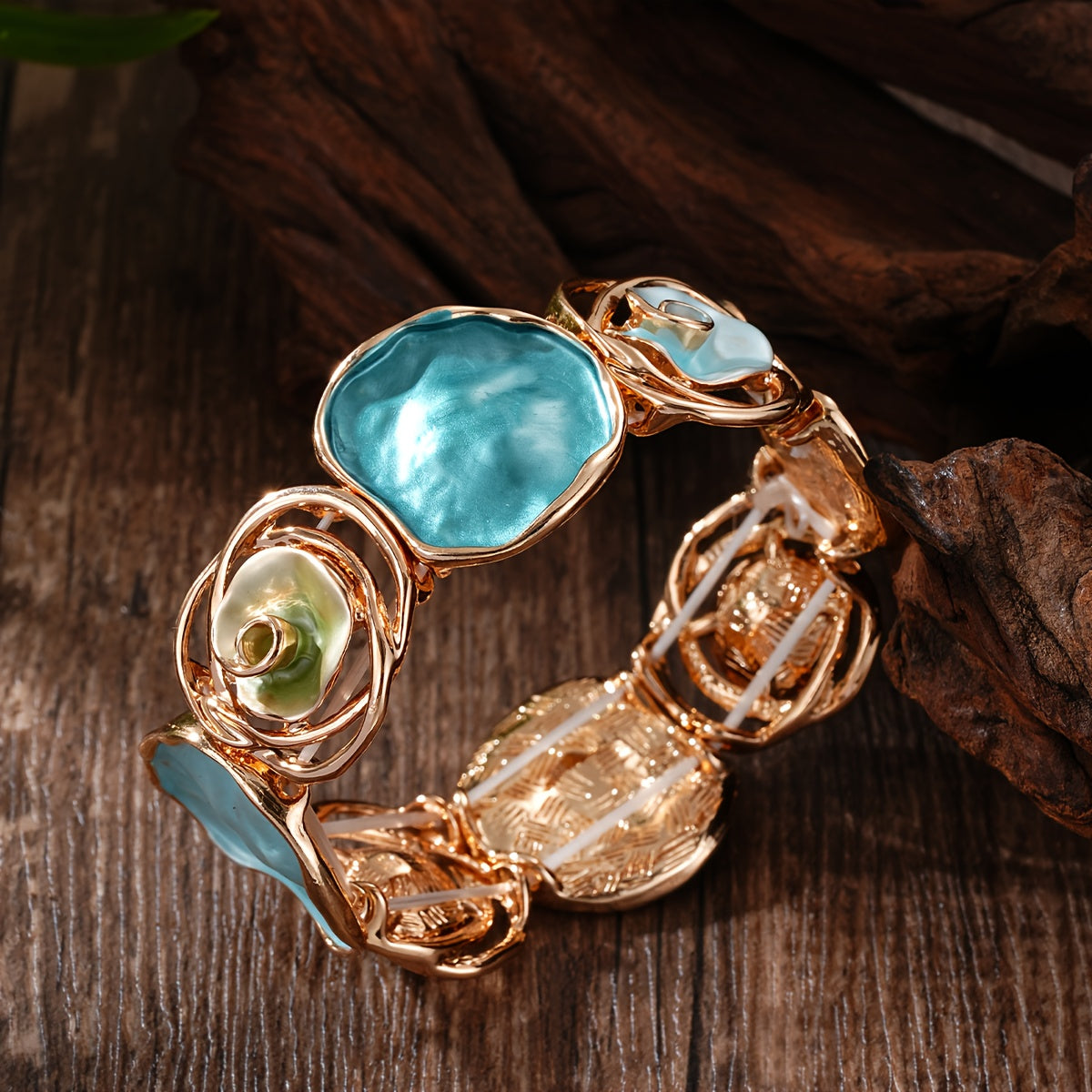 Bracciale Elastico Geometrico a Cuffia con Fiore Rotondo Bohemien