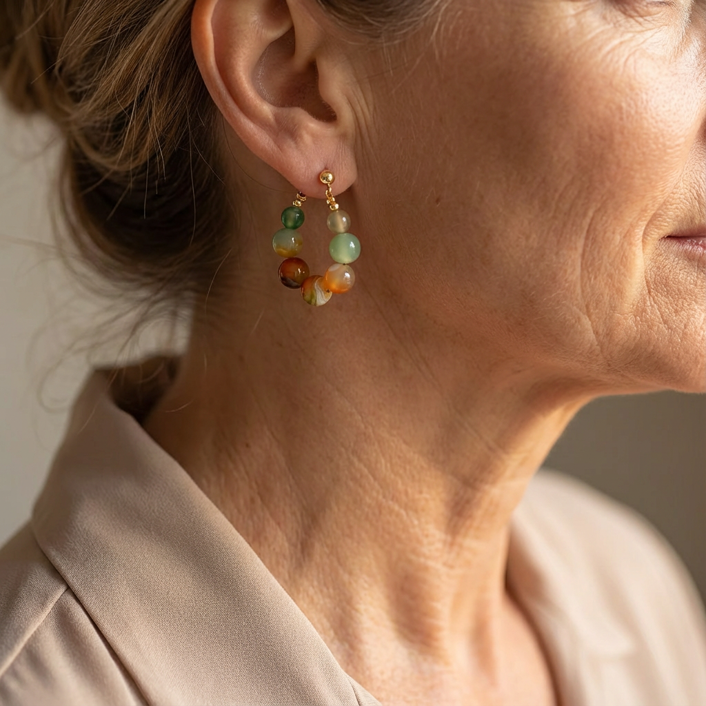 Orecchini a cerchio placcati in oro con perline in pietra naturale Boho
