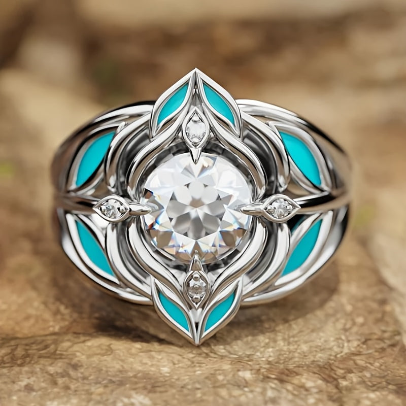 Anello Elegante Bohemien con Foglia Turchese e Zirconia Cristallina