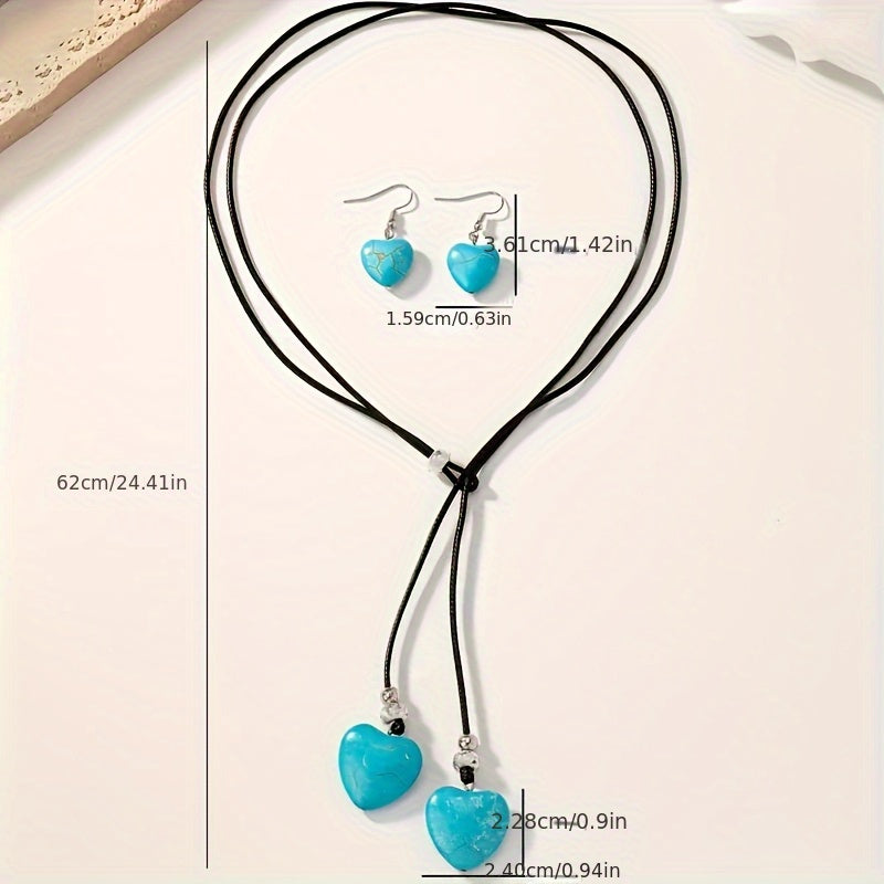 Collana e Orecchini a Cuore Turchese in Stile Vintage Bohemien