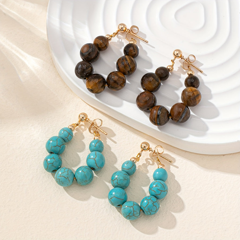 Orecchini a cerchio placcati in oro con perline in pietra naturale Boho