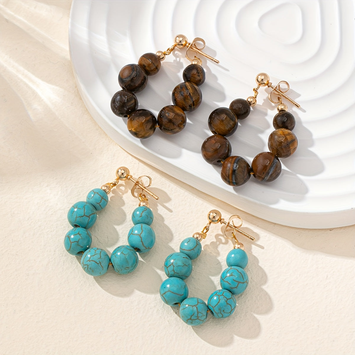 Orecchini a cerchio placcati in oro con perline in pietra naturale Boho
