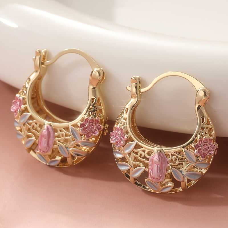 Orecchini a cerchio vintage boho in oro placcato con fiori rosa