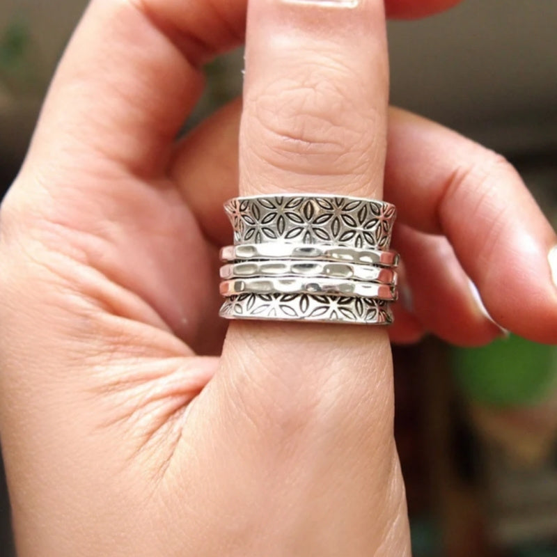 Anello Vintage Boho Floreale Larghezza in Argento Placcato