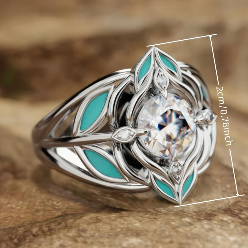 Anello Elegante Bohemien con Foglia Turchese e Zirconia Cristallina