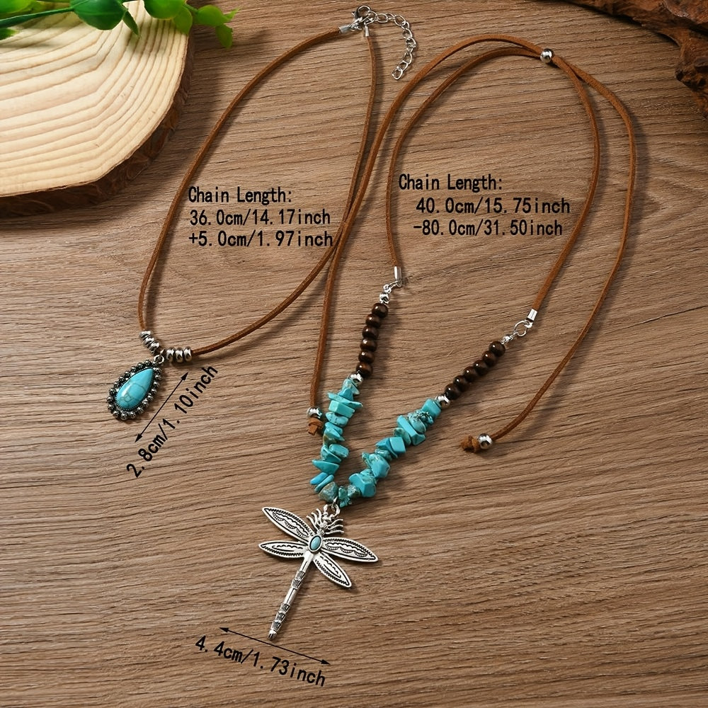 Collana a strati Bohemien in Turchese con Libellula in Due Pezzi