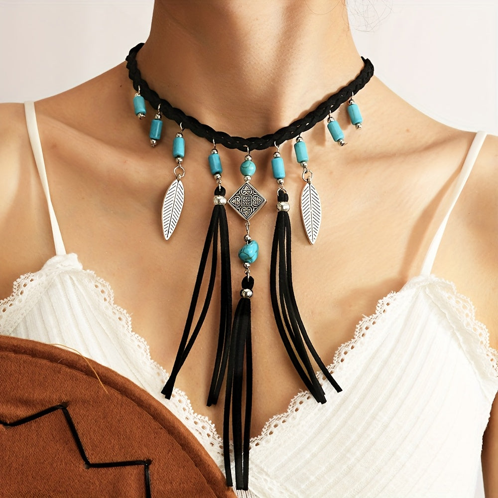 Collana con Pendente a Frangia in Argento e Perline Turchesi Bohemien
