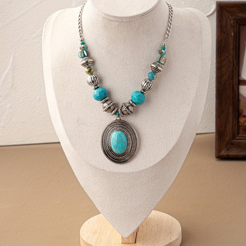 Collana Pendente Ovale in Turchese con Perline