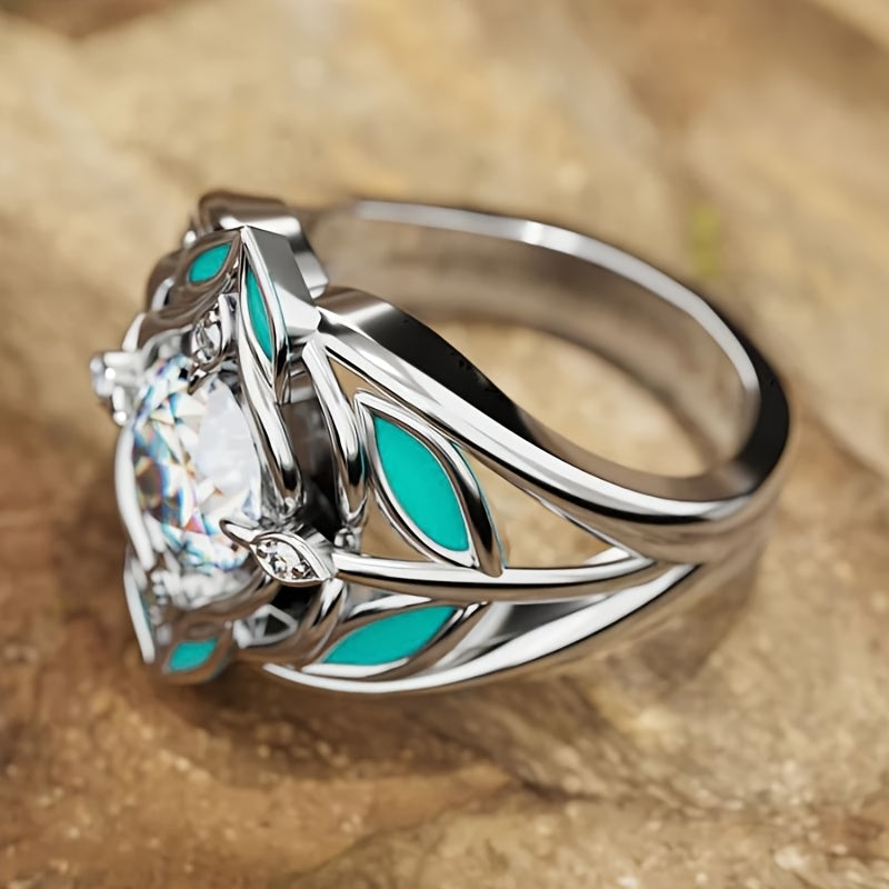 Anello Elegante Bohemien con Foglia Turchese e Zirconia Cristallina