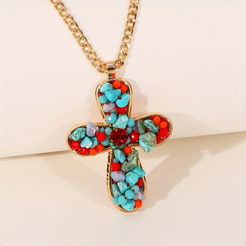 Collana con Pendente a Croce Turchese Colorato in Stile Bohemien