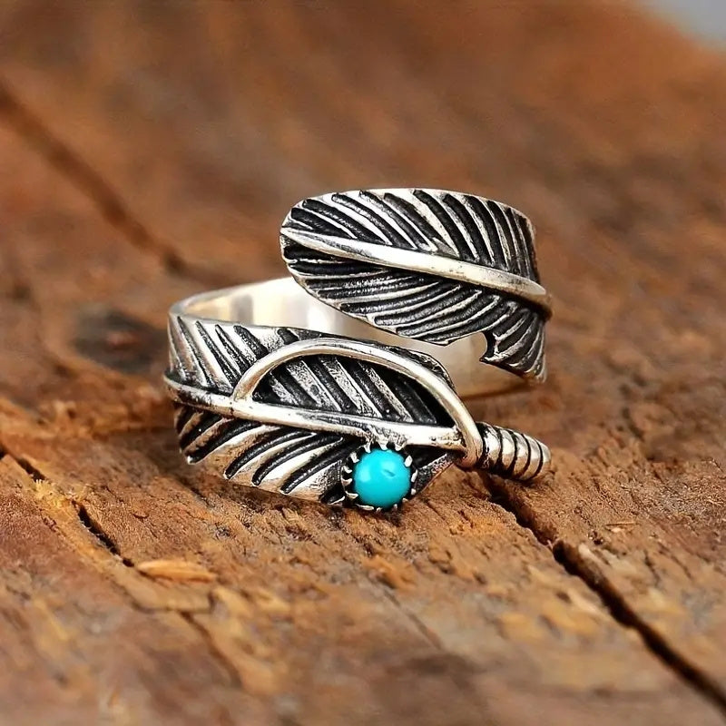 Anello in Argento Sterling con Piuma e Turchese Boho