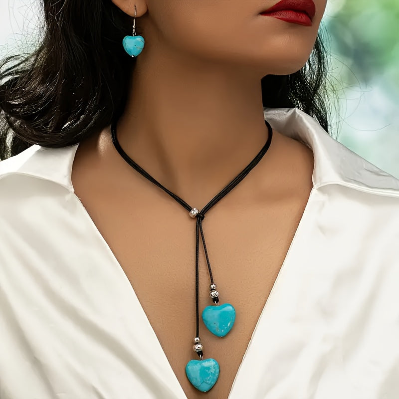 Collana e Orecchini a Cuore Turchese in Stile Vintage Bohemien