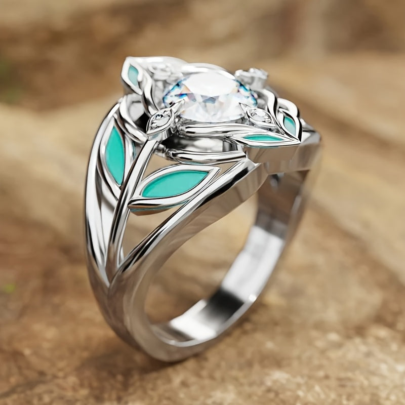 Anello Elegante Bohemien con Foglia Turchese e Zirconia Cristallina