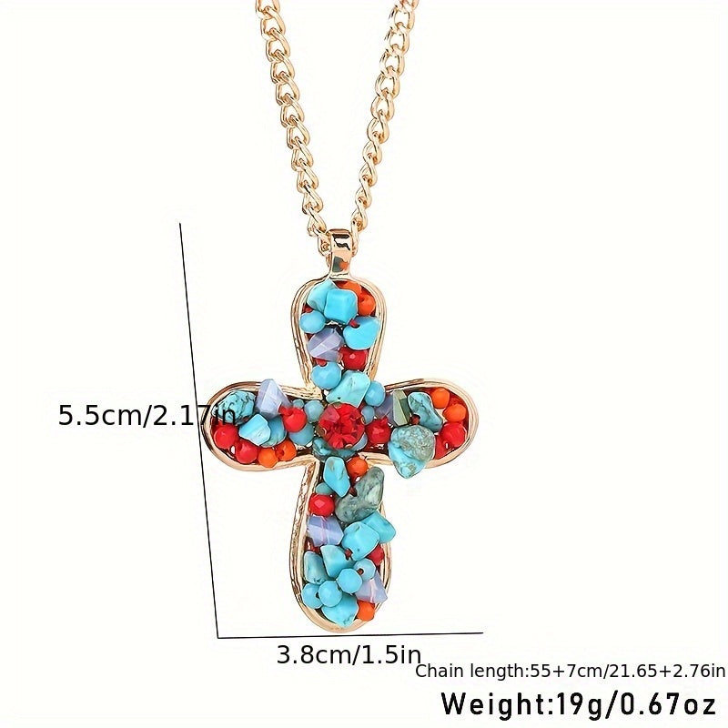 Collana con Pendente a Croce Turchese Colorato in Stile Bohemien