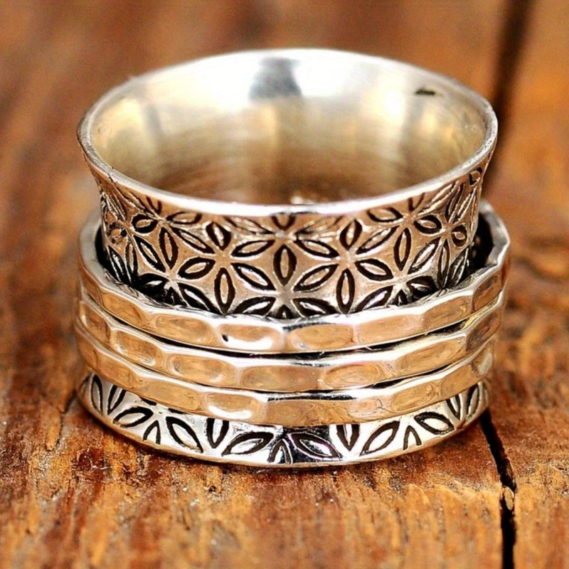 Anello Vintage Boho Floreale Larghezza in Argento Placcato