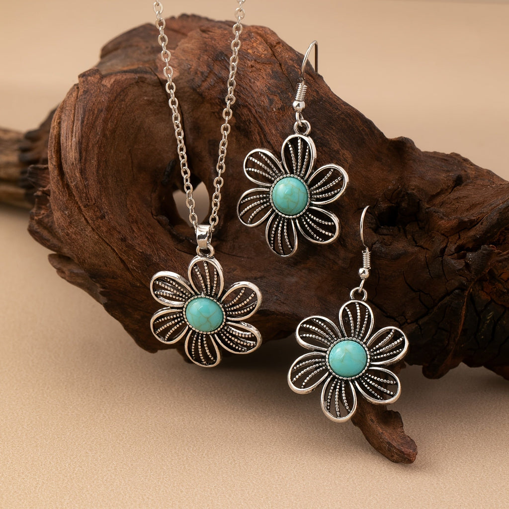 Orecchini e Collana Vintage Boho con Fiore Turchese