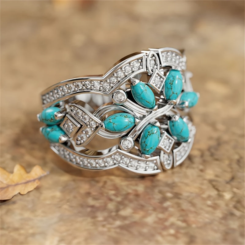Anello a grappolo floreale vintage bohemien in turchese