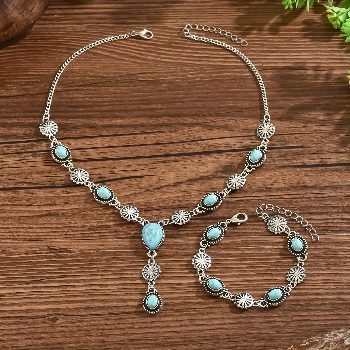 Set di Collana e Bracciale Floreale Bohemien Turchese