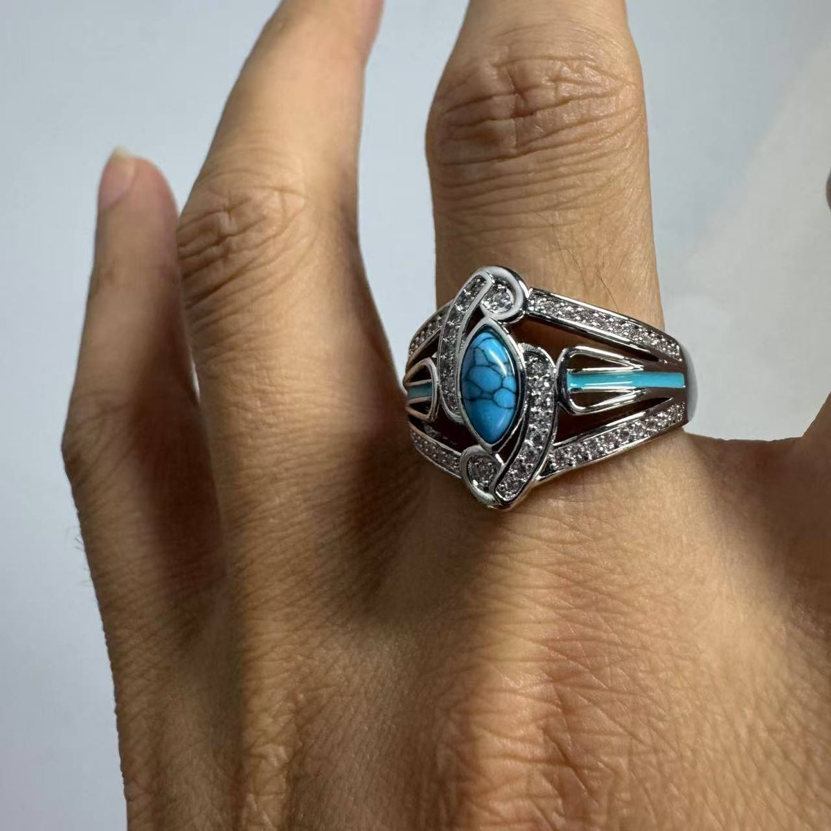 Anello in Turchese Placcato Oro Bianco Bohemien