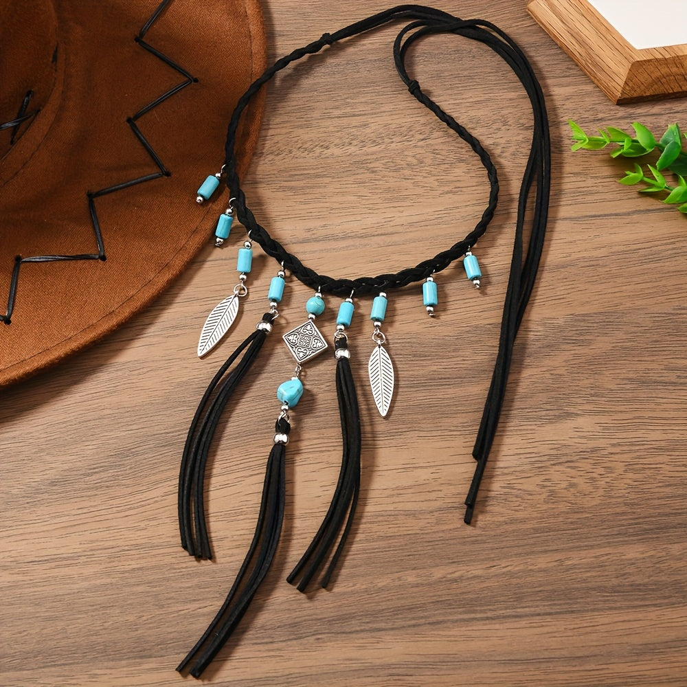 Collana con Pendente a Frangia in Argento e Perline Turchesi Bohemien