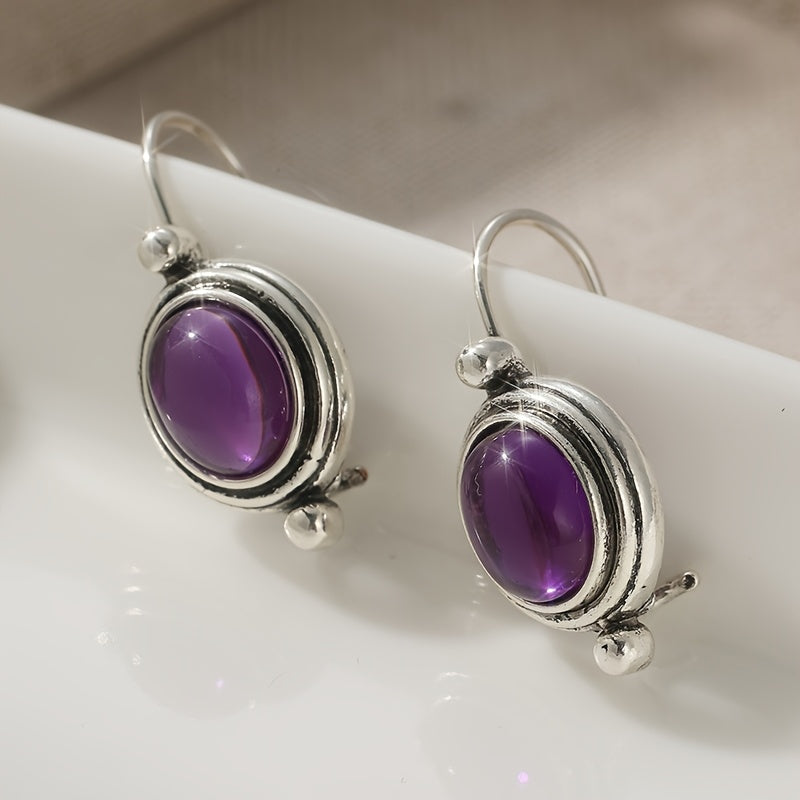 Orecchini a pendente vintage boho in pietra viola con placcatura in argento