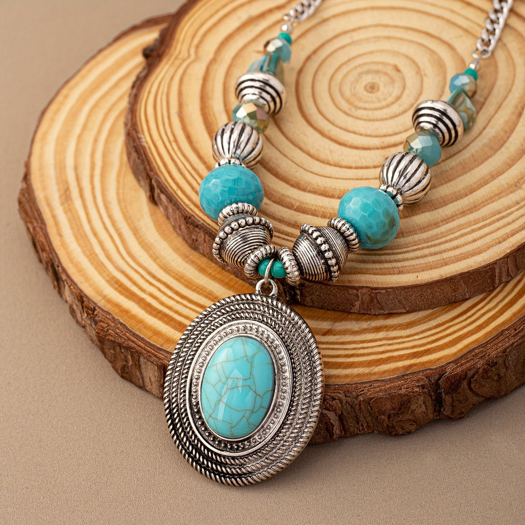 Collana Pendente Ovale in Turchese con Perline